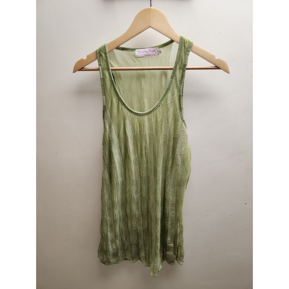 Pretty Angel Green Silk Blend Crinkle Mesh Tank Top Womens‎ Large